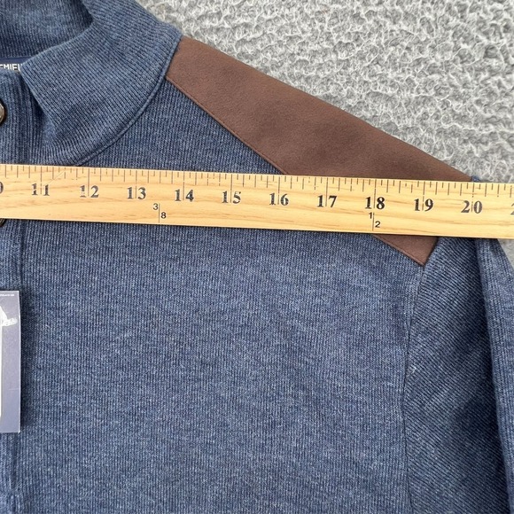 Cremieux Knit Sweater Men Large Blue 1/4 Button Pullover Brown Elbow Patches NEW - Picture 6 of 16